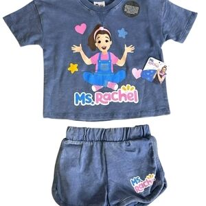 Ms. Rachel Toddler Girl Washed Crewneck Top and Short Set 3T Blue New